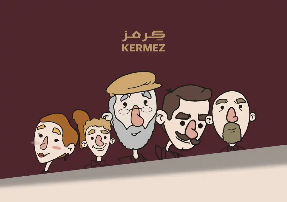 Cartoon-style illustration of five characters under the Kermez logo on a maroon background.