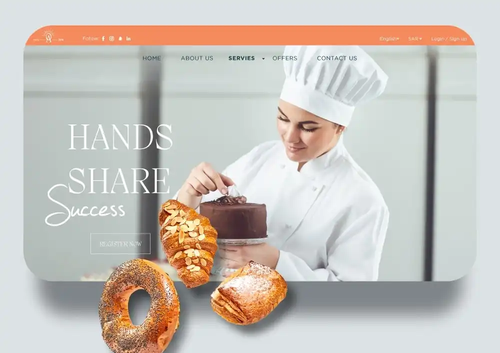 AREEJ ALWRD A professional female baker in a chef's hat carefully decorates a chocolate cake, accompanied by an assortment of pastries including a bagel, croissant, and a pastry, with the text "HANDS SHARE Success" prominently displayed.