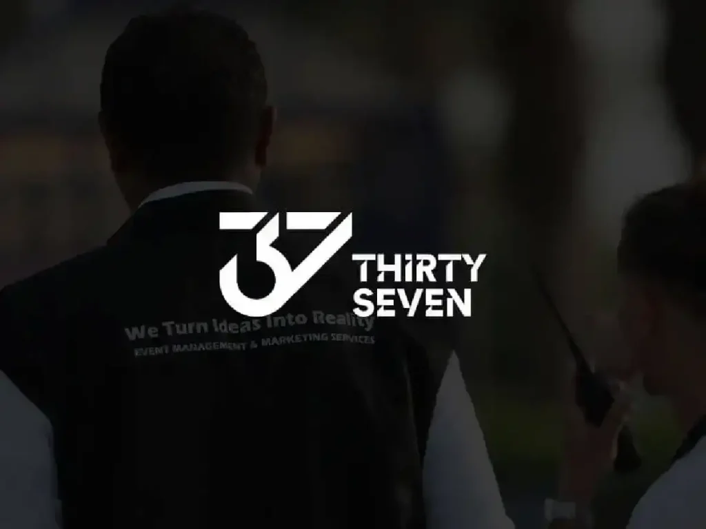 The logo of 37-events is displayed prominently over an image of event staff coordinating with a radio, emphasizing professionalism in event management.