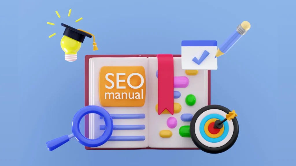 This image showcases an "SEO manual" open book, highlighting various SEO elements. Surrounding the book are icons like a lightbulb with a graduation cap, a magnifying glass, a checklist, a pencil, and a target with an arrow, all symbolizing different aspects of SEO strategies and tools found in a comprehensive SEO manual.