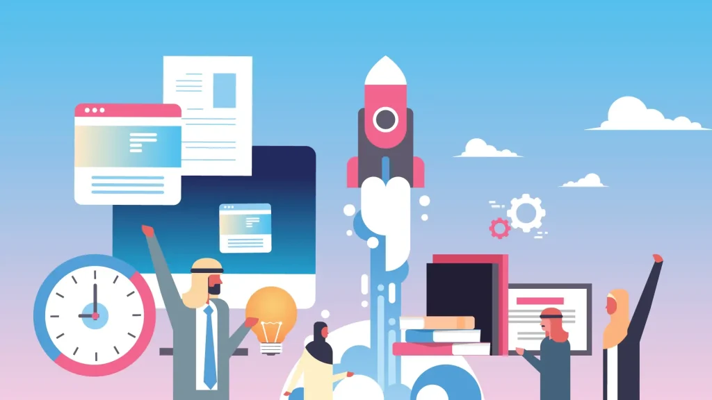 Illustration of a diverse team working together with technology and rocket imagery, symbolizing innovation and progress in a digital marketing agency in Jeddah, Saudi Arabia.